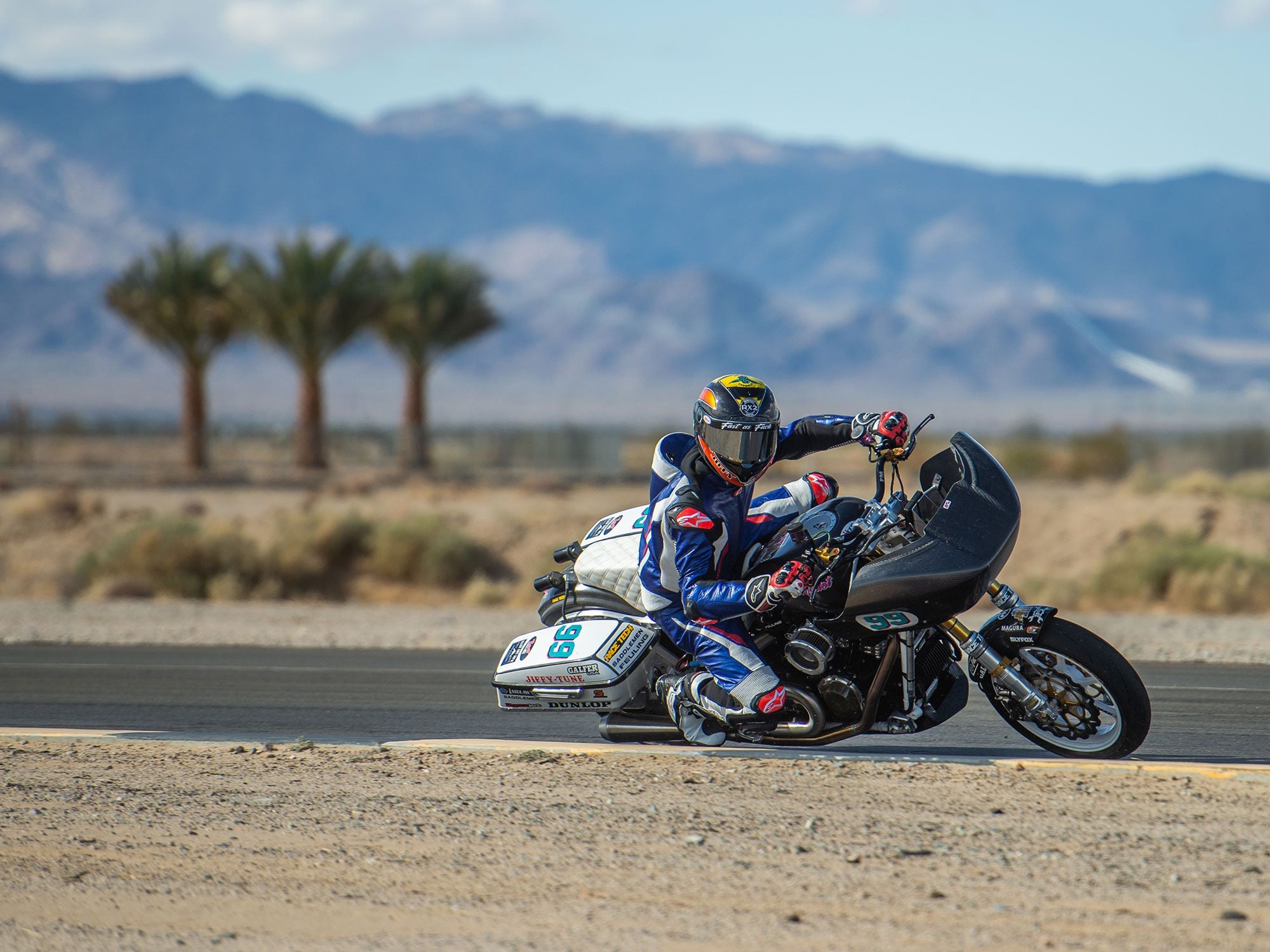 Eric Stahl of Jiffy Tune guiding his carbon fiber-adorned Road Glide around the track at Chuckwalla Raceway.