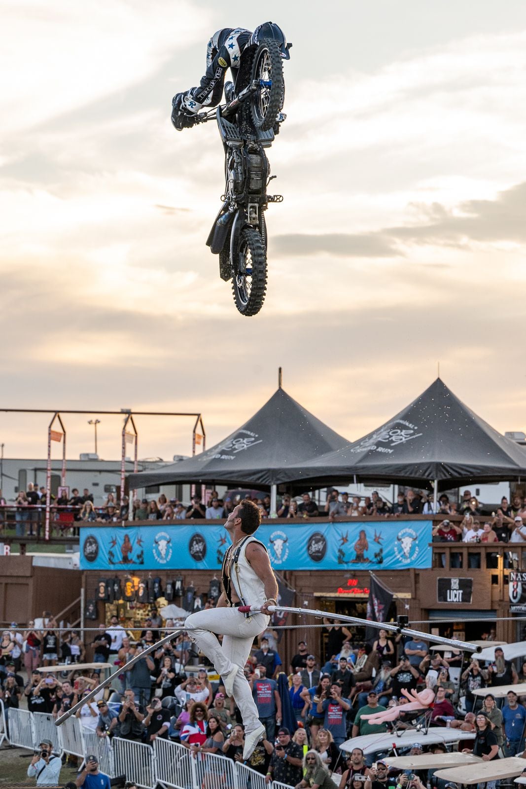 Famous, indeed. Kyle Ives, of Ives Brothers Wall of Death fame, jumped the 375-foot tightrope of Blake Wallenda, of Flying Wallenda’s fame at the Sturgis Motorcycle Rally, South Dakota.