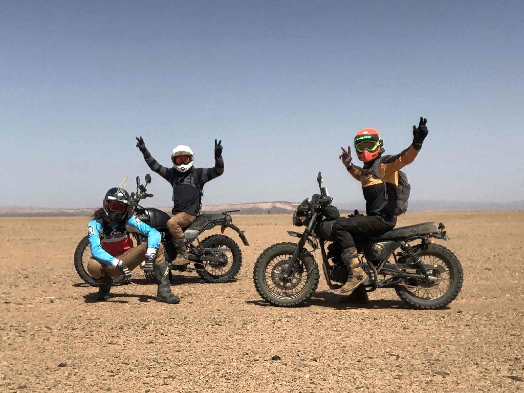 Me on the left, David in the middle on his Royal Enfield Himalayan, and Liam on the Mutt on the right.