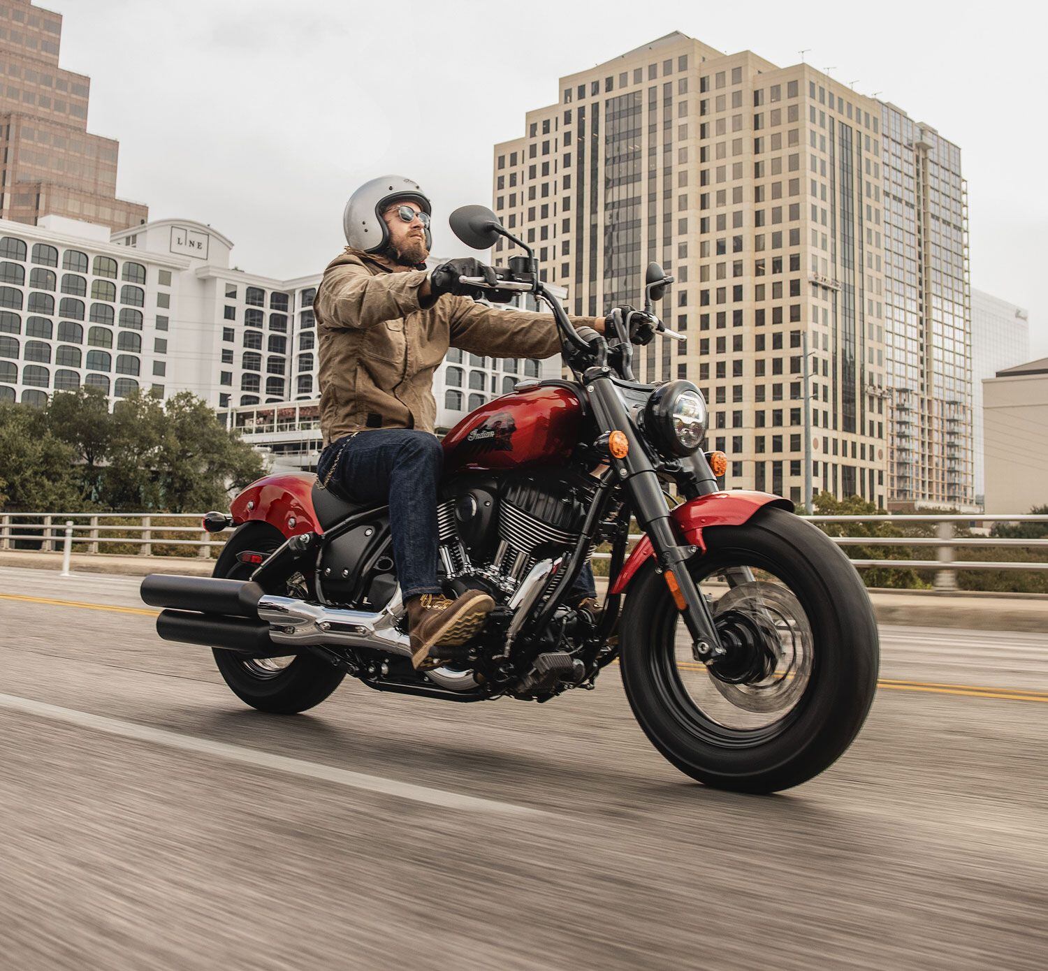 The Chief Bobber rolls on 16-inch fat tires and spoked wheels and adds a mini-ape handlebar and forward controls.