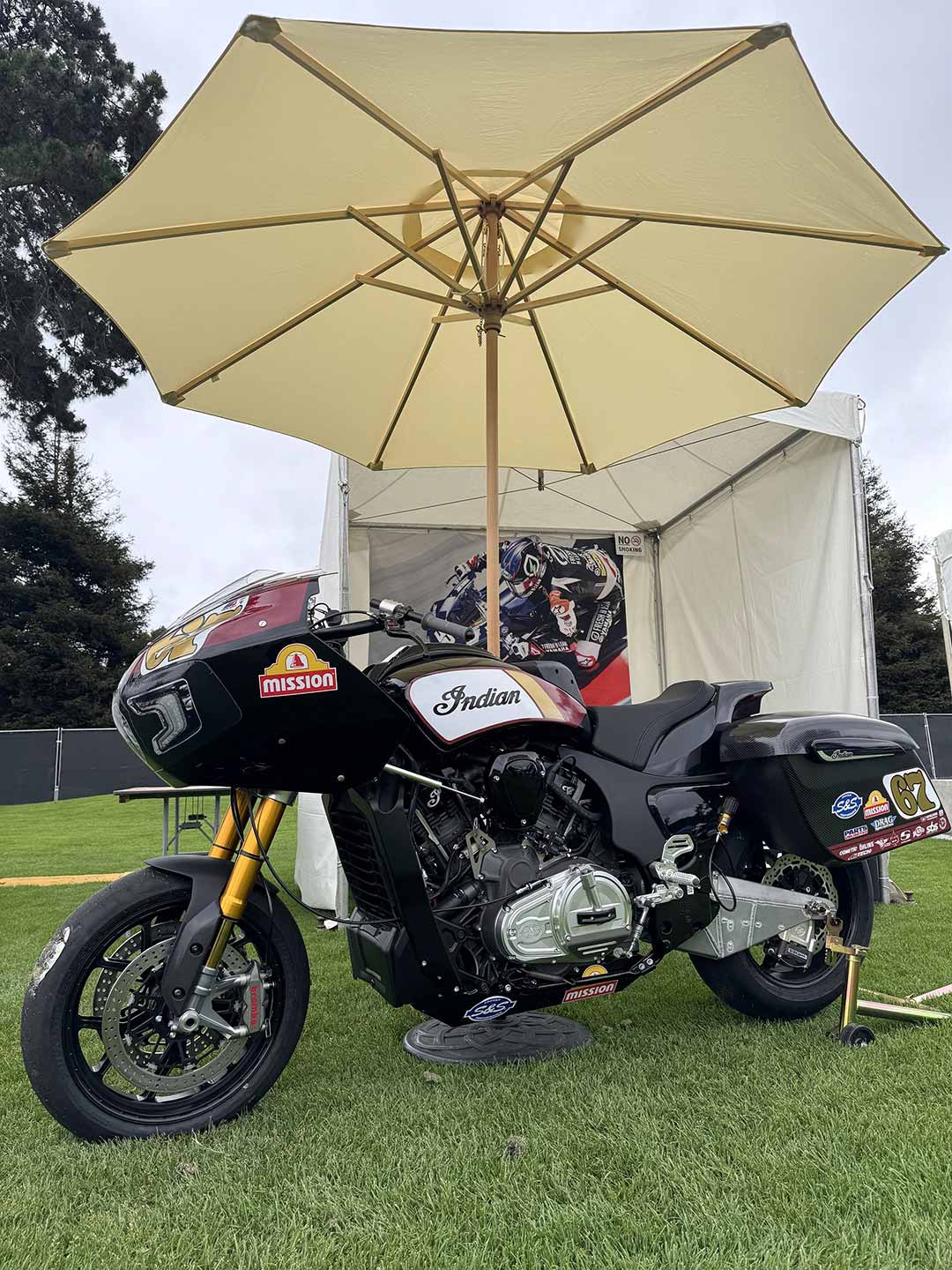 Indian was one of the manufacturers at the Quail with a display, and it brought a King of the Baggers Challenger racebike to show.