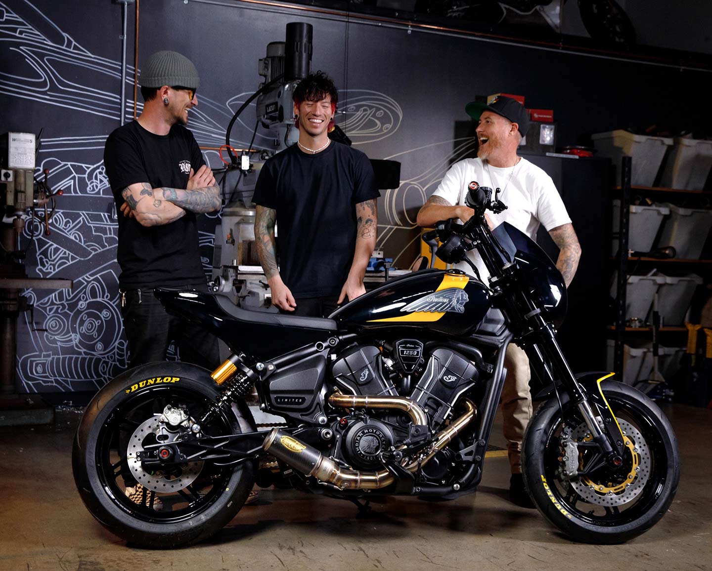 Aaron Boss and Roland Sands yukking it up with Dun.