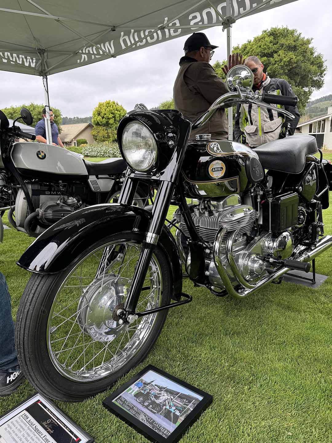 You couldn’t miss this mint 1958 Ariel Square Four, even under a pop-up tent.
