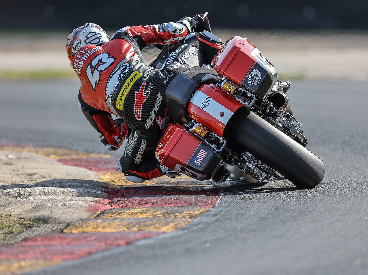 Harley-Davidson factory rider James Rispoli coaxing his 185-hp 620-ish pound Road Glide into a corner.